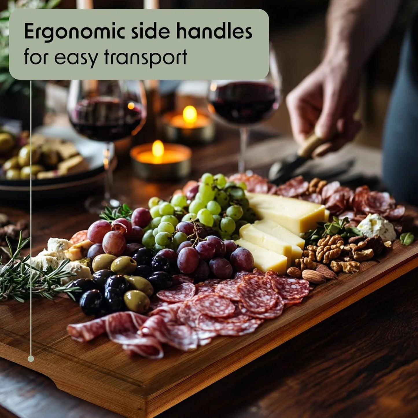 Elegant Acacia Wood Cutting Board Set of 3 - Non-Toxic, Non-Slip with Juice Grooves & Handles - Perfect for Meat, Veggies & Charcuterie - Ideal Kitchen Gift with Wooden Holder