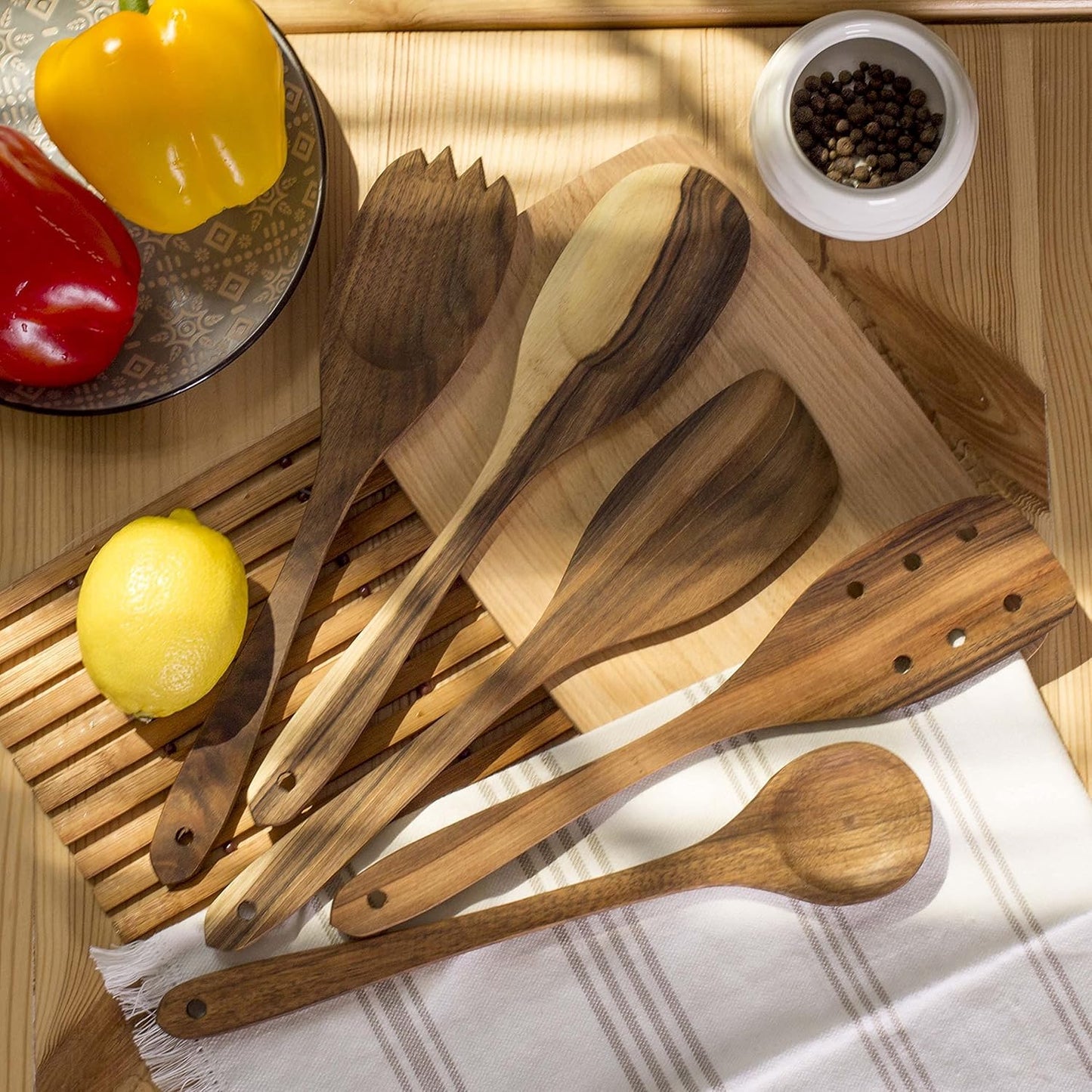 Premium Walnut Handmade Wooden Spoon Set - 5Pcs Heavy Duty Cooking Utensils with Short Angled Spatula - Perfect for Serving and Fufu Preparation