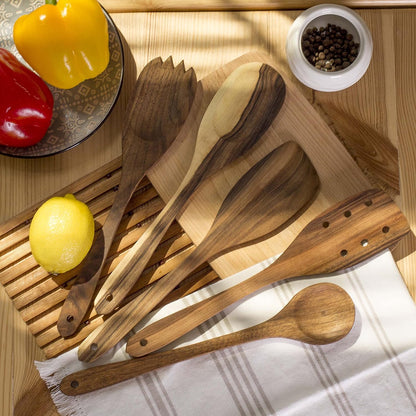 Premium Walnut Handmade Wooden Spoon Set - 5Pcs Heavy Duty Cooking Utensils with Short Angled Spatula - Perfect for Serving and Fufu Preparation