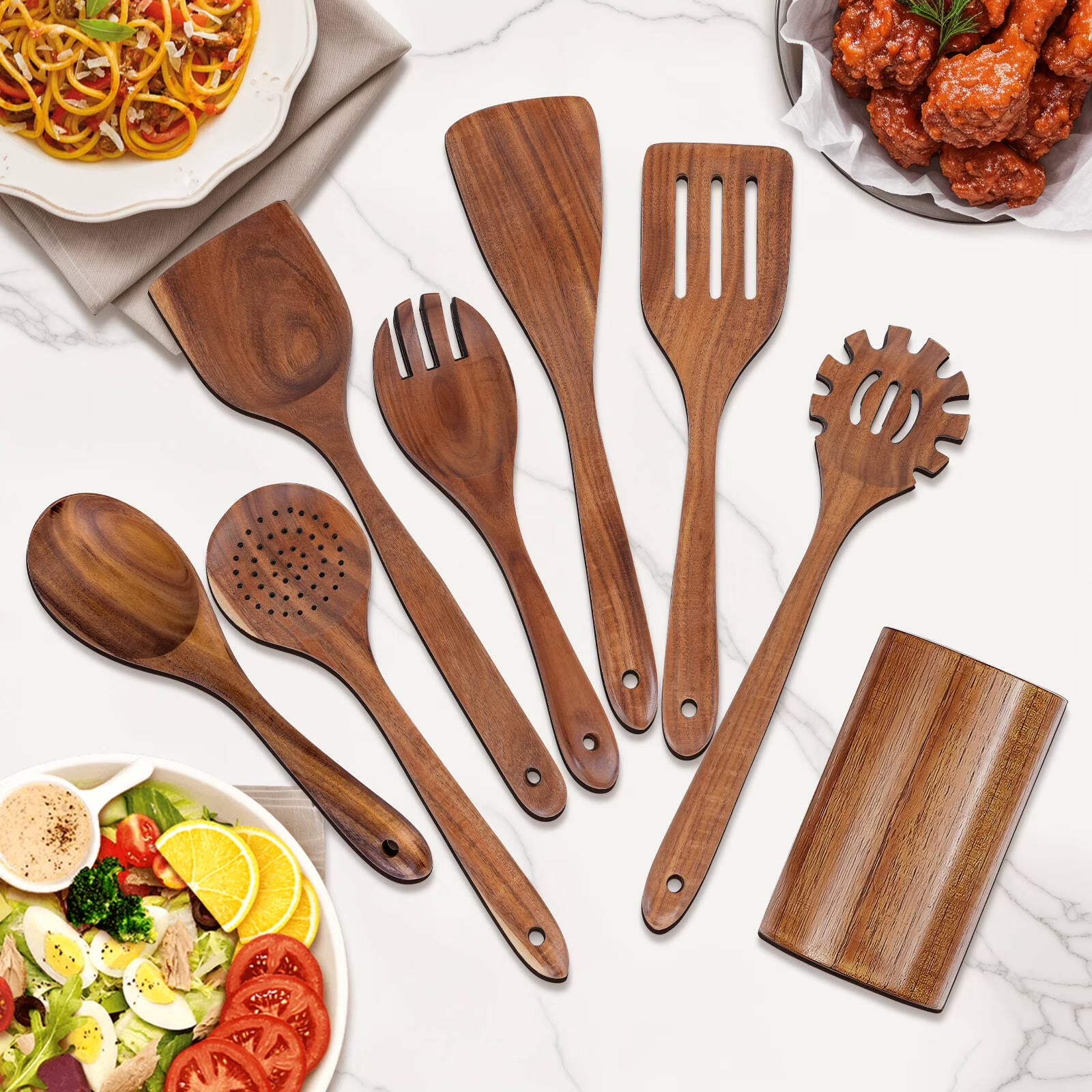 Premium 8-Piece Thick Wooden Cooking Spoon Set - Natural, Non-Stick, Heat Resistant Kitchen Utensils