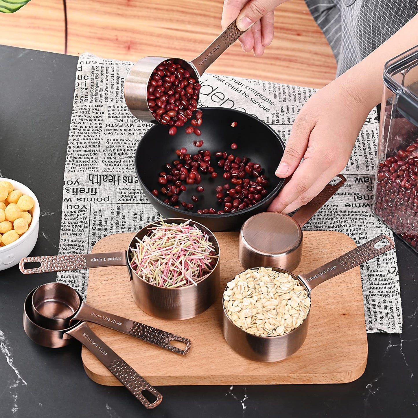 Elegant Copper Measuring Cups & Spoons Set - 6 Metric & US Sizes with Leveler for Perfect Baking & Kitchen Precision