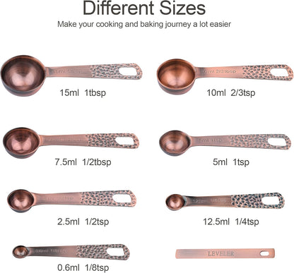 Elegant Copper Measuring Cups & Spoons Set - 6 Metric & US Sizes with Leveler for Perfect Baking & Kitchen Precision