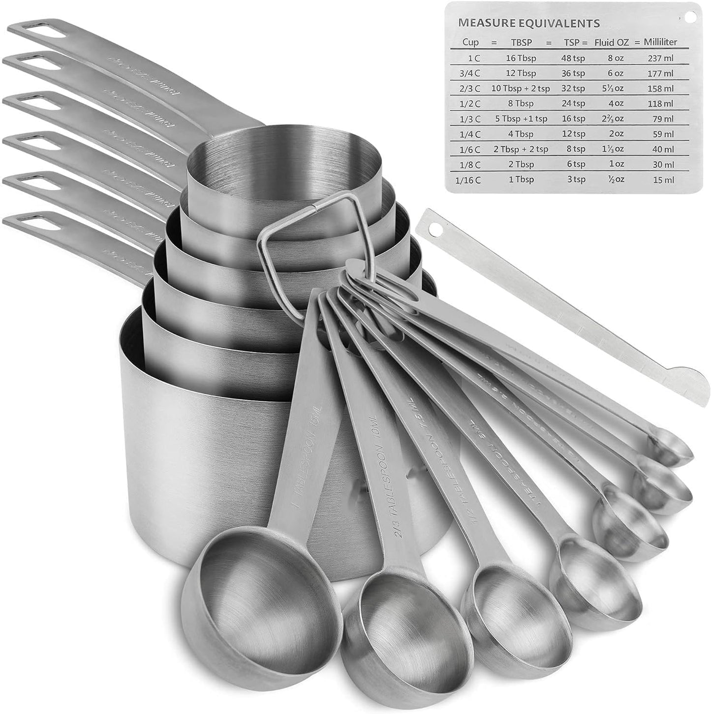 Premium 15-Piece Stainless Steel Measuring Cups & Spoons Set - Perfect for Baking and Cooking, Includes Metric & US Measurements, 6 Cups & 7 Spoons with Leveler and Equivalents for Dry & Liquid Ingredients