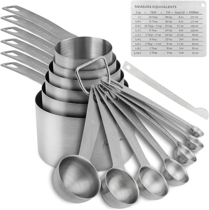 Premium 15-Piece Stainless Steel Measuring Cups & Spoons Set - Perfect for Baking and Cooking, Includes Metric & US Measurements, 6 Cups & 7 Spoons with Leveler and Equivalents for Dry & Liquid Ingredients
