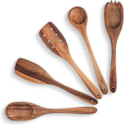 Premium Walnut Handmade Wooden Spoon Set - 5Pcs Heavy Duty Cooking Utensils with Short Angled Spatula - Perfect for Serving and Fufu Preparation
