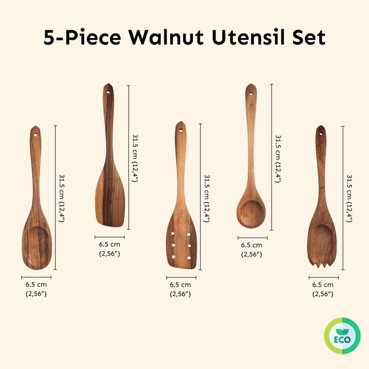 Premium Walnut Handmade Wooden Spoon Set - 5Pcs Heavy Duty Cooking Utensils with Short Angled Spatula - Perfect for Serving and Fufu Preparation