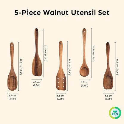 Premium Walnut Handmade Wooden Spoon Set - 5Pcs Heavy Duty Cooking Utensils with Short Angled Spatula - Perfect for Serving and Fufu Preparation
