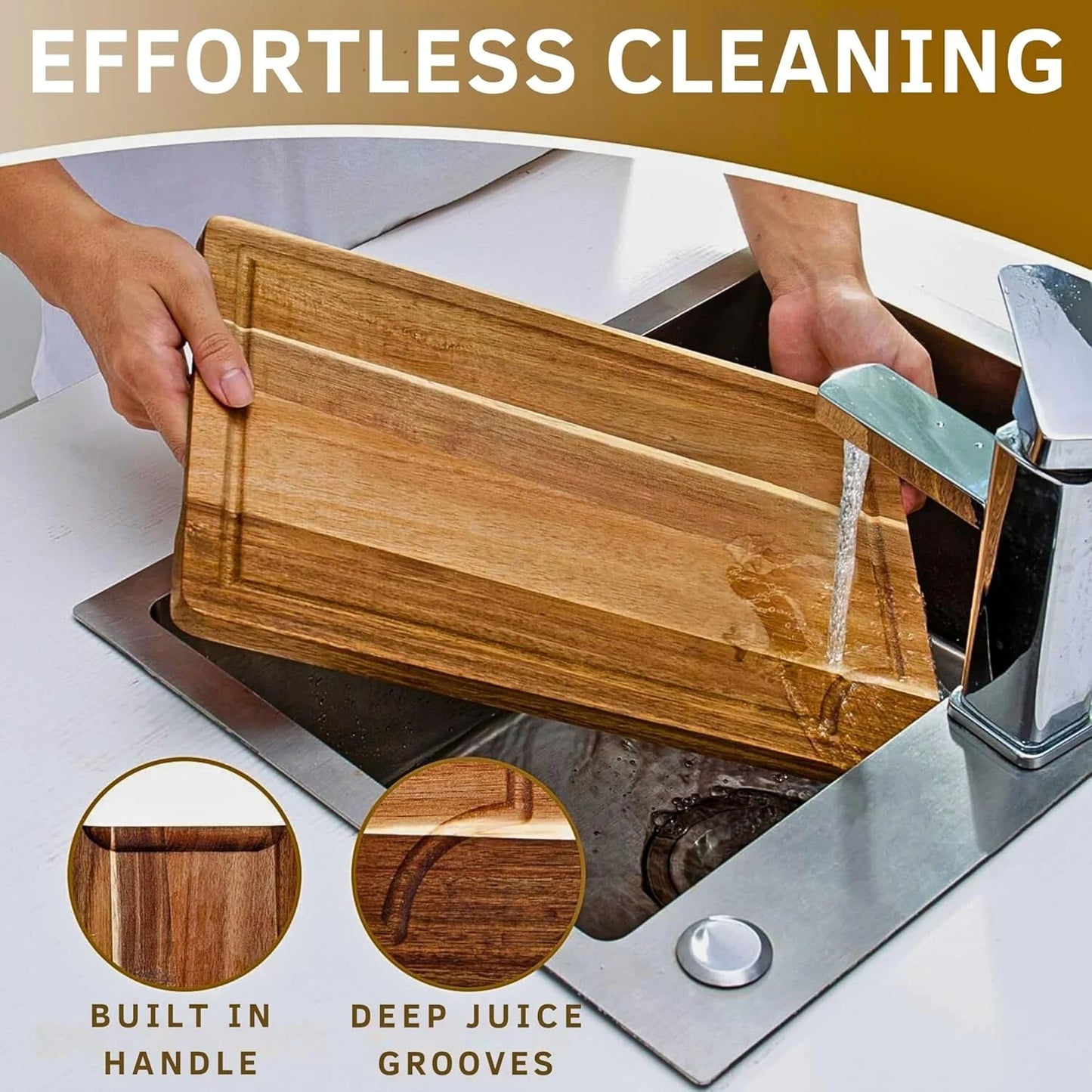 Elegant Acacia Wood Cutting Board Set of 3 - Non-Toxic, Non-Slip with Juice Grooves & Handles - Perfect for Meat, Veggies & Charcuterie - Ideal Kitchen Gift with Wooden Holder