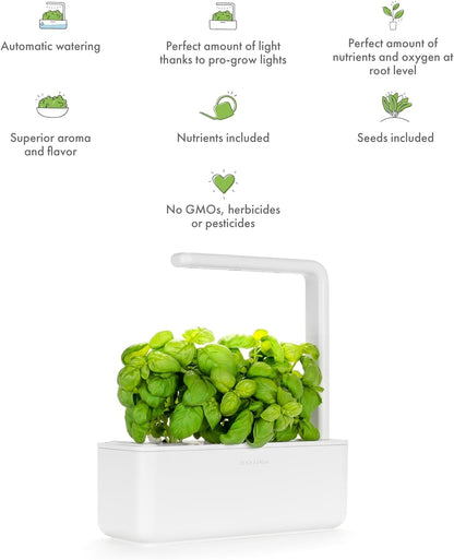 Smart Indoor Herb Garden Kit with Grow Light - Effortless Hydroponics for Your Kitchen Windowsill (Includes 3 Basil Pods) - Perfect Vegetable Gardening Starter in White