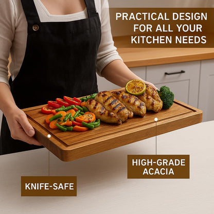 Elegant Acacia Wood Cutting Board Set of 3 - Non-Toxic, Non-Slip with Juice Grooves & Handles - Perfect for Meat, Veggies & Charcuterie - Ideal Kitchen Gift with Wooden Holder