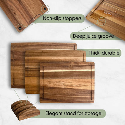 Elegant Acacia Wood Cutting Board Set of 3 - Non-Toxic, Non-Slip with Juice Grooves & Handles - Perfect for Meat, Veggies & Charcuterie - Ideal Kitchen Gift with Wooden Holder