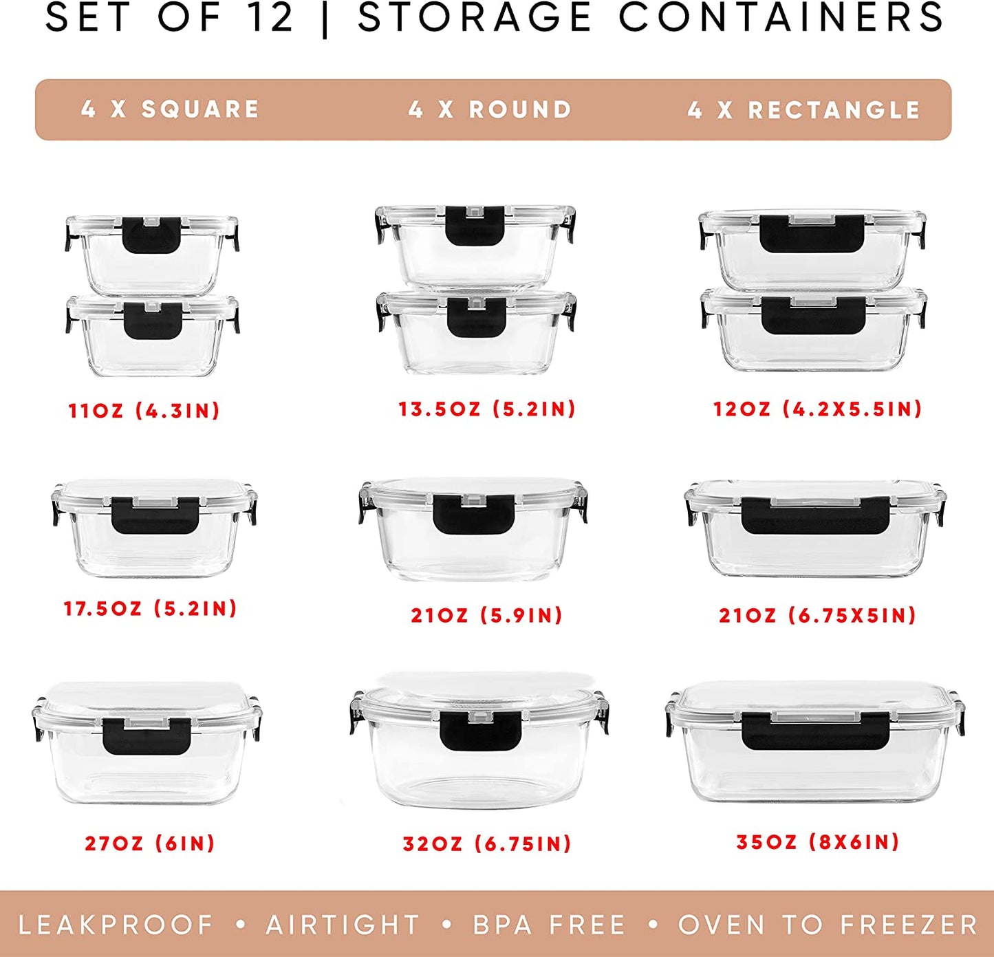 24-Piece Borosilicate Glass Storage Container Set with Airtight Lids | Freezer Safe Meal Prep and Lunch Containers | Durable Glass Tupperware for Kitchen and Pantry