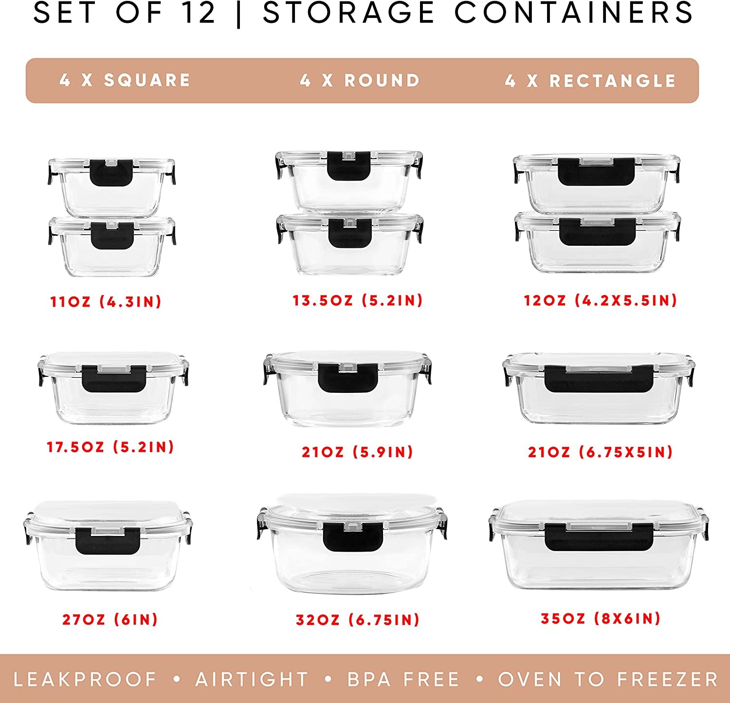 24-Piece Borosilicate Glass Storage Container Set with Airtight Lids | Freezer Safe Meal Prep and Lunch Containers | Durable Glass Tupperware for Kitchen and Pantry