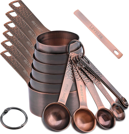 Elegant Copper Measuring Cups & Spoons Set - 6 Metric & US Sizes with Leveler for Perfect Baking & Kitchen Precision