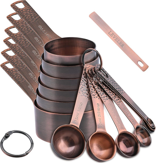 Elegant Copper Measuring Cups & Spoons Set - 6 Metric & US Sizes with Leveler for Perfect Baking & Kitchen Precision