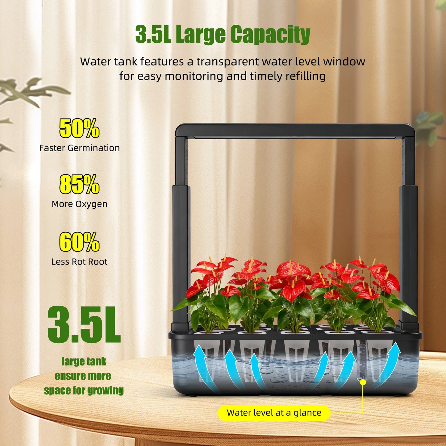 Indoor Hydroponic Garden Kit with LED Grow Light - 15 Pods Smart Herb System with Adjustable Height Planter & 3.5L Water Tank