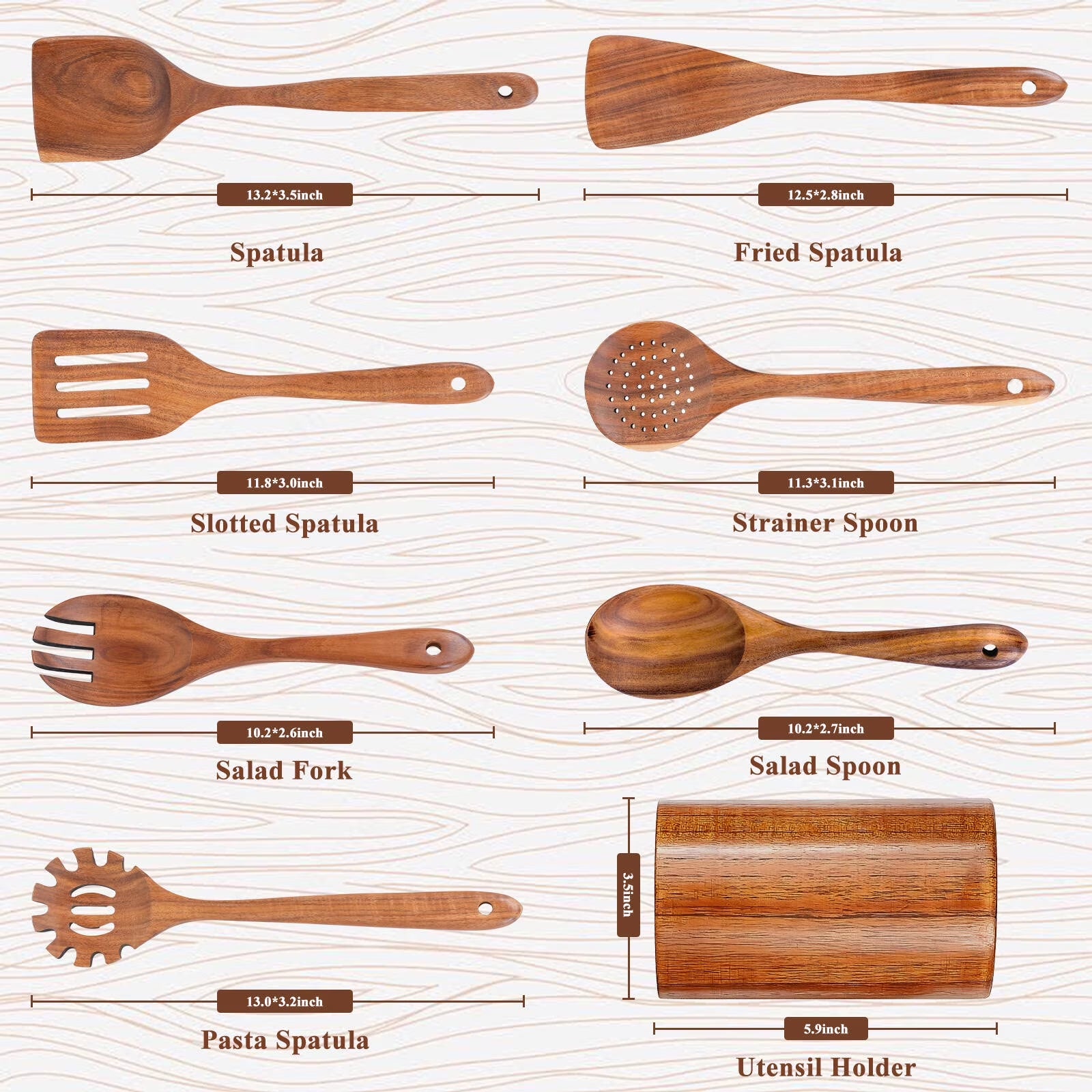 Premium 8-Piece Thick Wooden Cooking Spoon Set - Natural, Non-Stick, Heat Resistant Kitchen Utensils