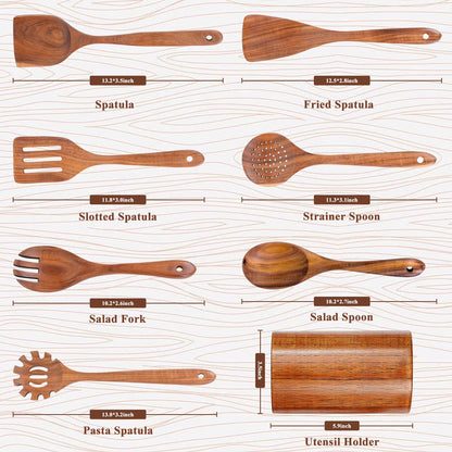 Premium 8-Piece Thick Wooden Cooking Spoon Set - Natural, Non-Stick, Heat Resistant Kitchen Utensils