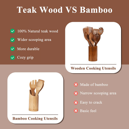 Premium 8-Piece Thick Wooden Cooking Spoon Set - Natural, Non-Stick, Heat Resistant Kitchen Utensils
