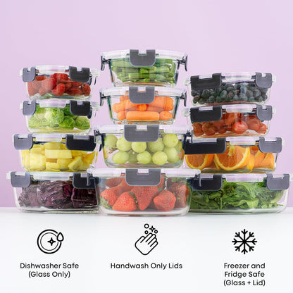 24-Piece Borosilicate Glass Storage Container Set with Airtight Lids | Freezer Safe Meal Prep and Lunch Containers | Durable Glass Tupperware for Kitchen and Pantry