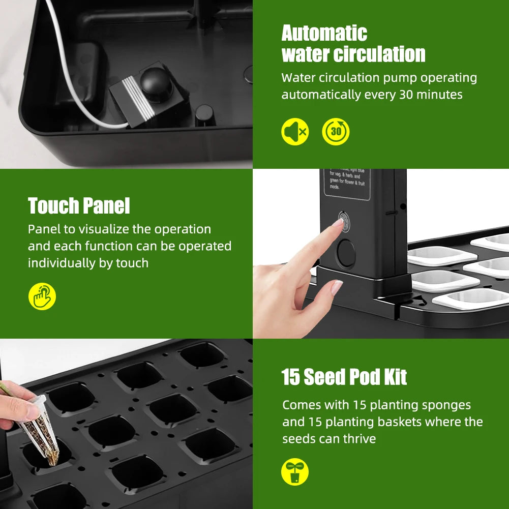Indoor Hydroponic Garden Kit with LED Grow Light - 15 Pods Smart Herb System with Adjustable Height Planter & 3.5L Water Tank