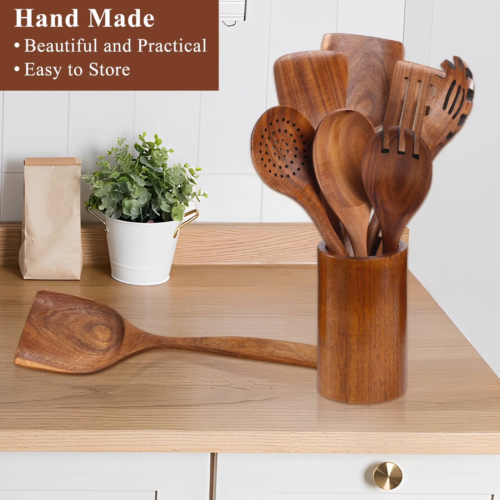 Premium 8-Piece Thick Wooden Cooking Spoon Set - Natural, Non-Stick, Heat Resistant Kitchen Utensils