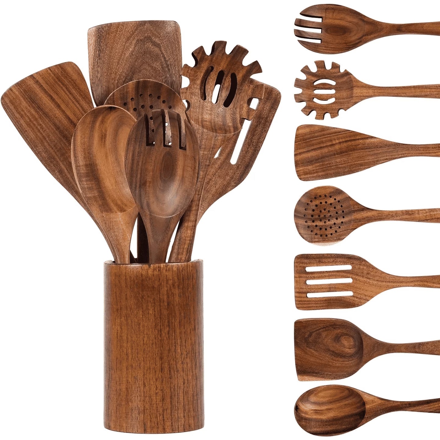 Premium 8-Piece Thick Wooden Cooking Spoon Set - Natural, Non-Stick, Heat Resistant Kitchen Utensils