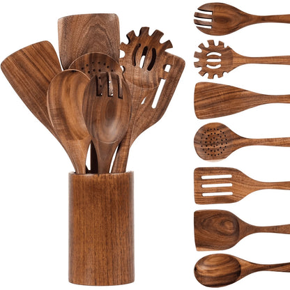 Premium 8-Piece Thick Wooden Cooking Spoon Set - Natural, Non-Stick, Heat Resistant Kitchen Utensils