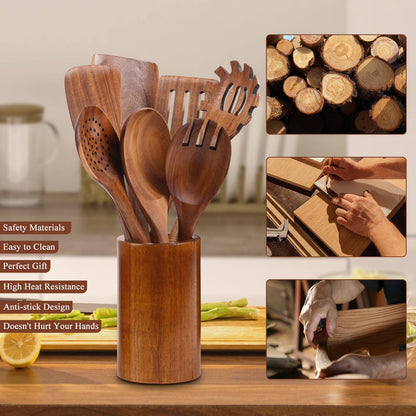 Premium 8-Piece Thick Wooden Cooking Spoon Set - Natural, Non-Stick, Heat Resistant Kitchen Utensils