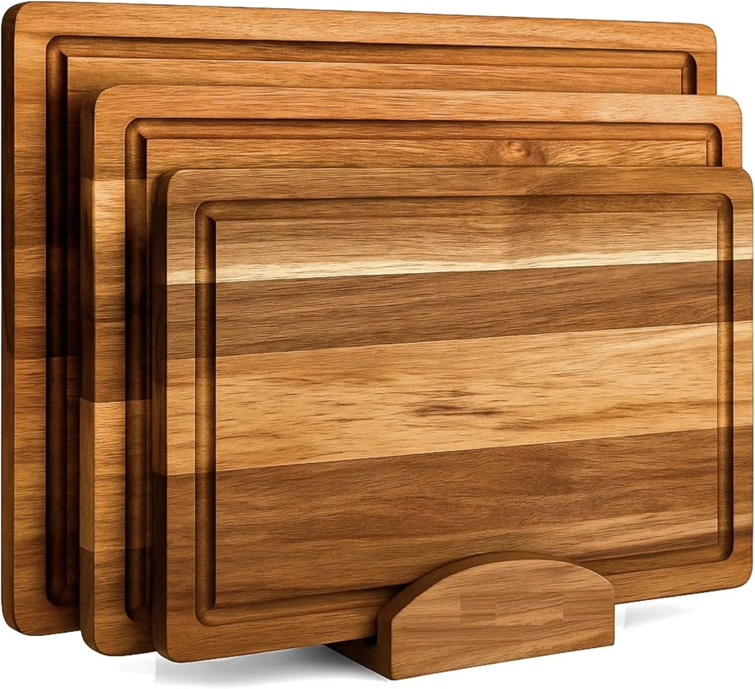 Elegant Acacia Wood Cutting Board Set of 3 - Non-Toxic, Non-Slip with Juice Grooves & Handles - Perfect for Meat, Veggies & Charcuterie - Ideal Kitchen Gift with Wooden Holder
