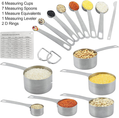 Premium 15-Piece Stainless Steel Measuring Cups & Spoons Set - Perfect for Baking and Cooking, Includes Metric & US Measurements, 6 Cups & 7 Spoons with Leveler and Equivalents for Dry & Liquid Ingredients