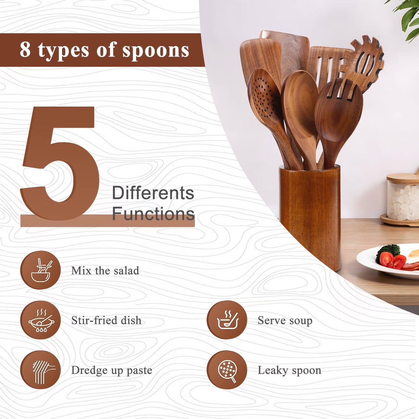 Premium 8-Piece Thick Wooden Cooking Spoon Set - Natural, Non-Stick, Heat Resistant Kitchen Utensils