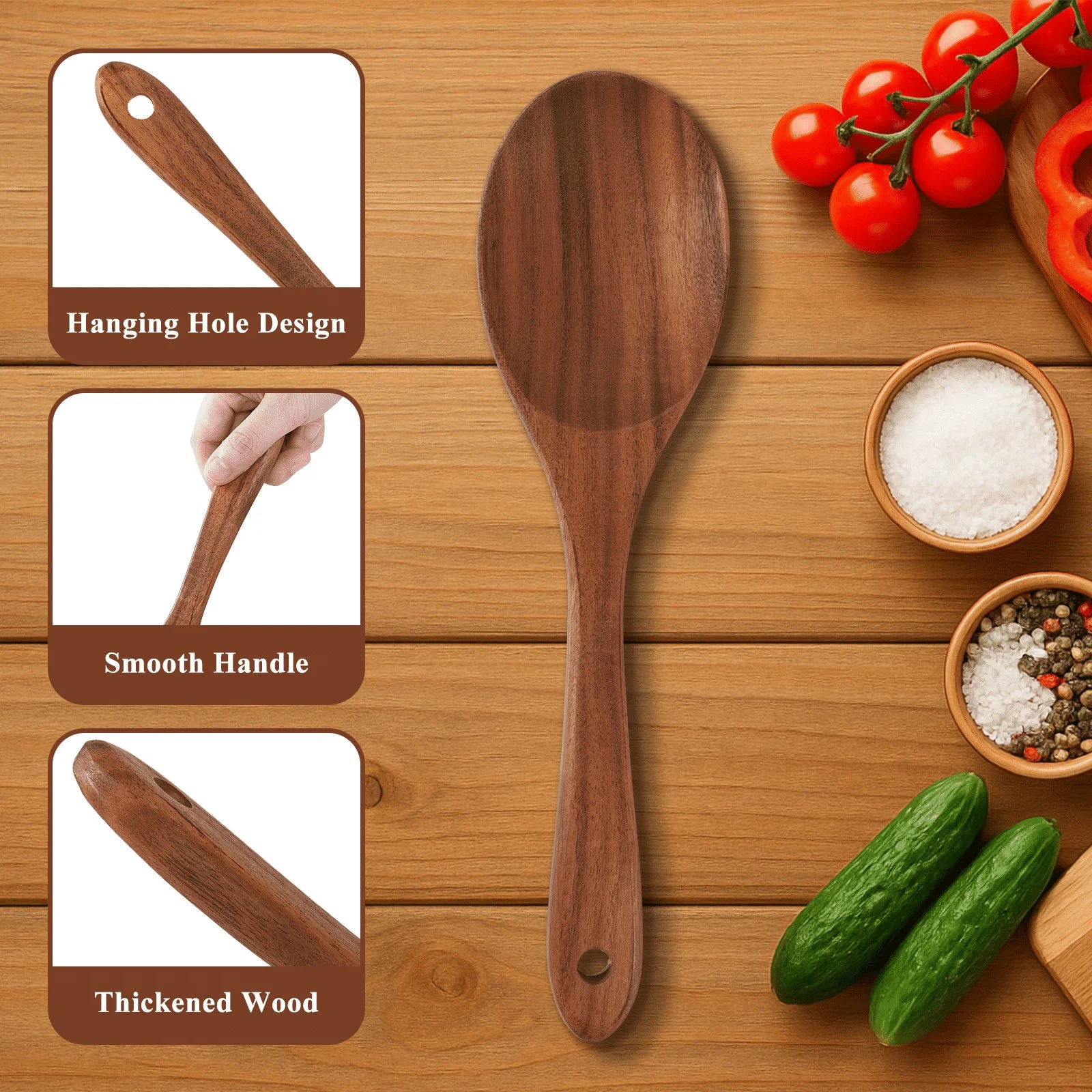 Premium 8-Piece Thick Wooden Cooking Spoon Set - Natural, Non-Stick, Heat Resistant Kitchen Utensils