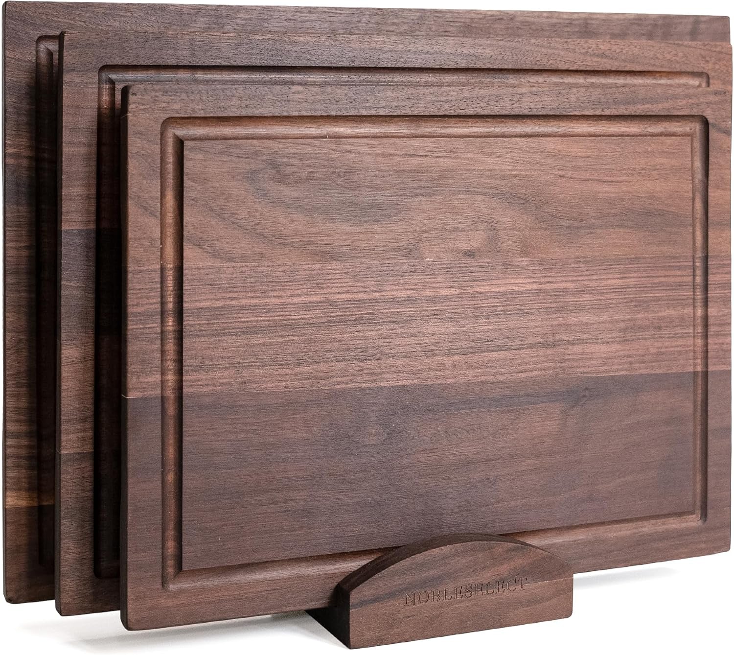 Elegant Acacia Wood Cutting Board Set of 3 - Non-Toxic, Non-Slip with Juice Grooves & Handles - Perfect for Meat, Veggies & Charcuterie - Ideal Kitchen Gift with Wooden Holder