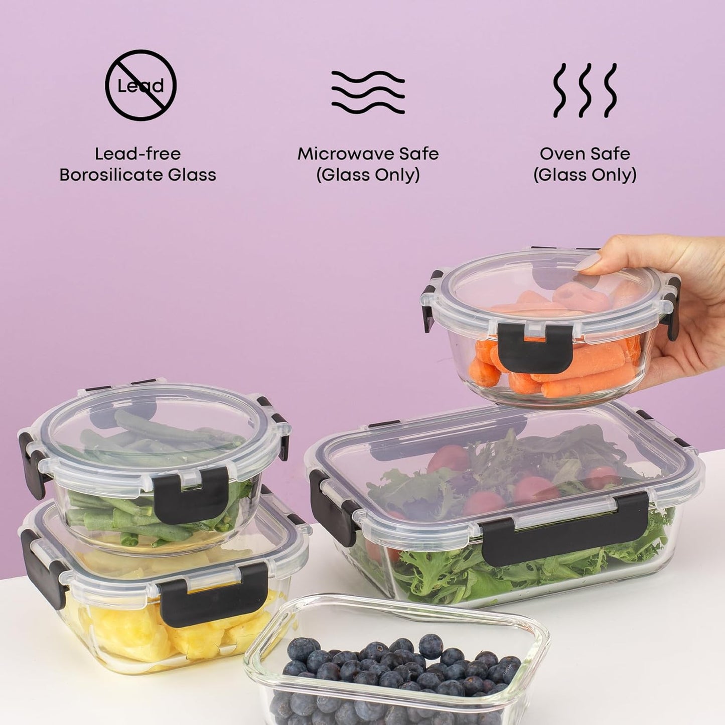 24-Piece Borosilicate Glass Storage Container Set with Airtight Lids | Freezer Safe Meal Prep and Lunch Containers | Durable Glass Tupperware for Kitchen and Pantry