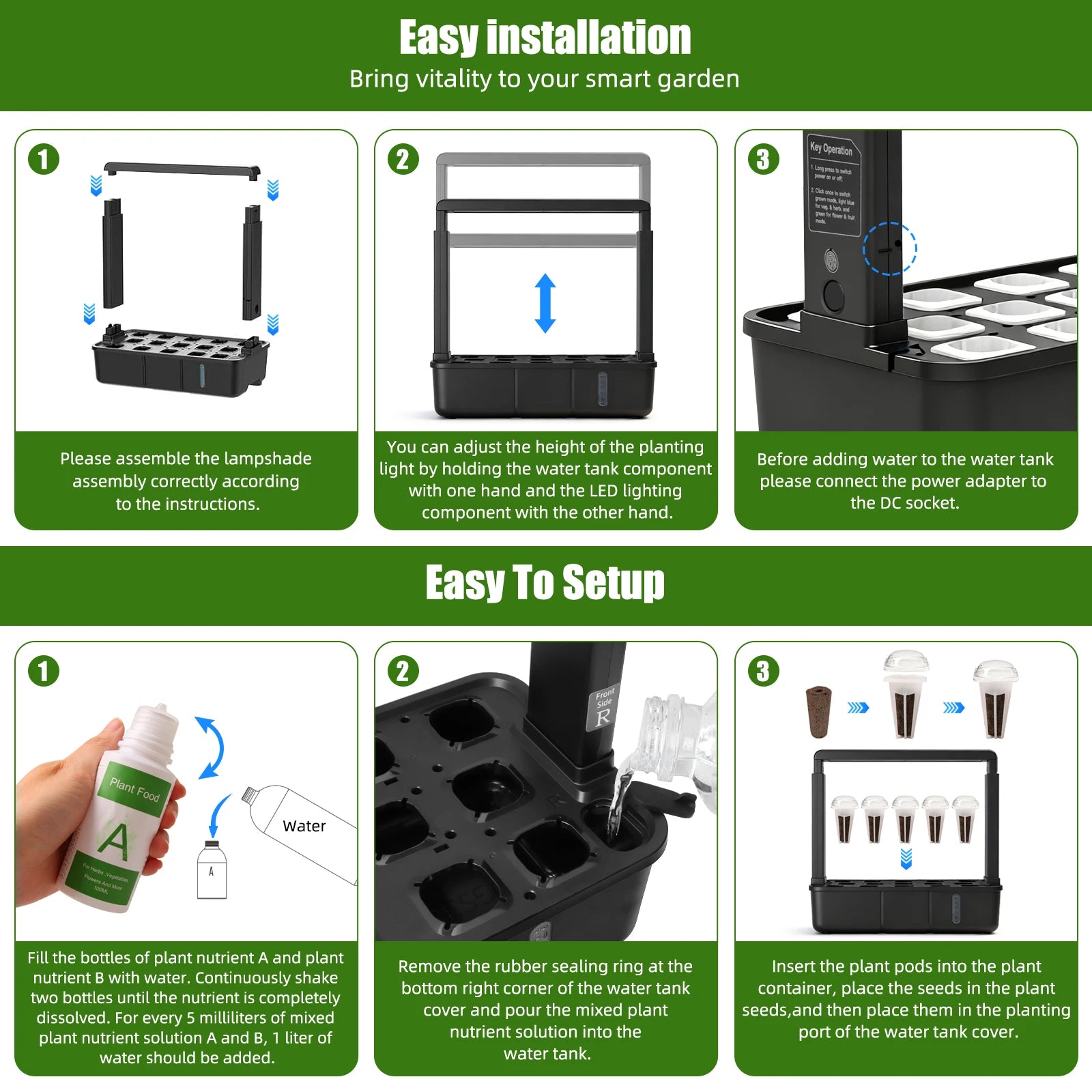 Indoor Hydroponic Garden Kit with LED Grow Light - 15 Pods Smart Herb System with Adjustable Height Planter & 3.5L Water Tank