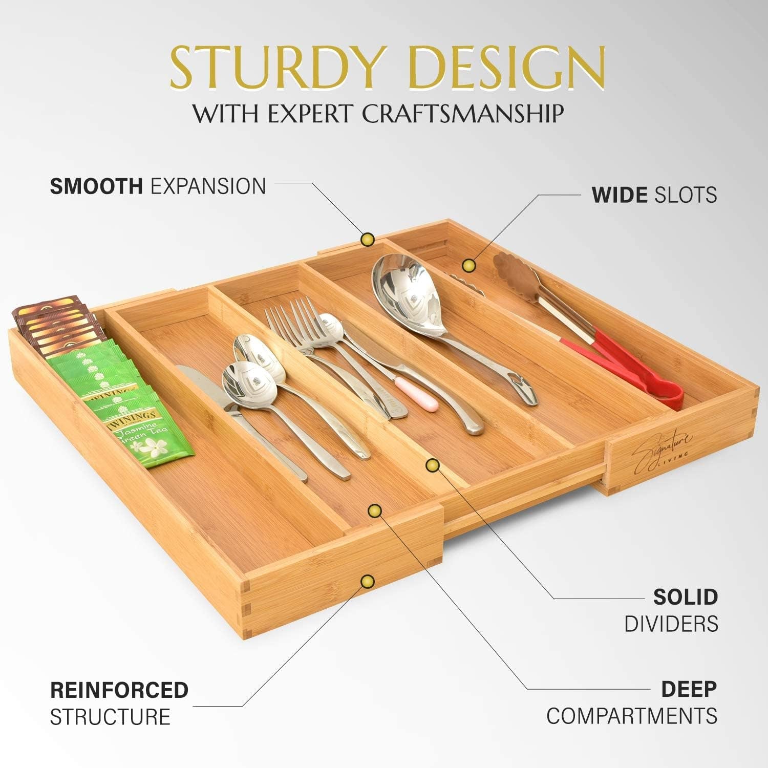Premium Bamboo Expandable Utensil Drawer Organizer - Effortless Storage for Cutlery, Flatware, and Silverware