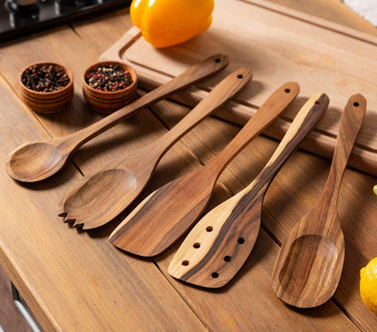 Premium Walnut Handmade Wooden Spoon Set - 5Pcs Heavy Duty Cooking Utensils with Short Angled Spatula - Perfect for Serving and Fufu Preparation