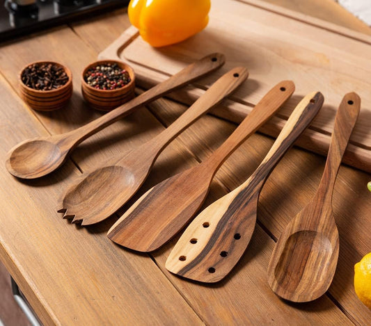 Premium Walnut Handmade Wooden Spoon Set - 5Pcs Heavy Duty Cooking Utensils with Short Angled Spatula - Perfect for Serving and Fufu Preparation