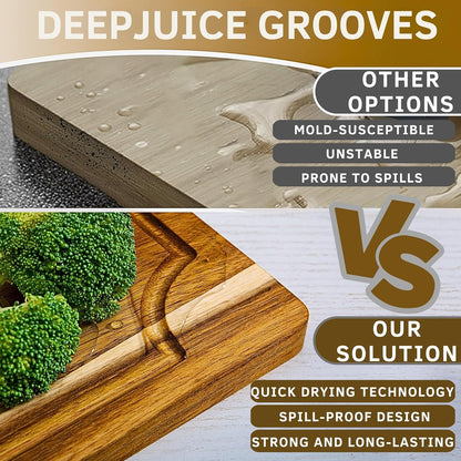 Elegant Acacia Wood Cutting Board Set of 3 - Non-Toxic, Non-Slip with Juice Grooves & Handles - Perfect for Meat, Veggies & Charcuterie - Ideal Kitchen Gift with Wooden Holder