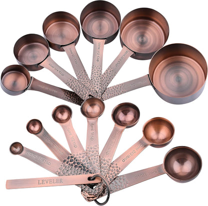 Elegant Copper Measuring Cups & Spoons Set - 6 Metric & US Sizes with Leveler for Perfect Baking & Kitchen Precision