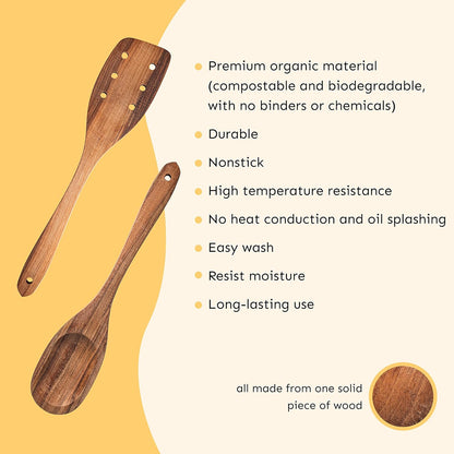 Premium Walnut Handmade Wooden Spoon Set - 5Pcs Heavy Duty Cooking Utensils with Short Angled Spatula - Perfect for Serving and Fufu Preparation