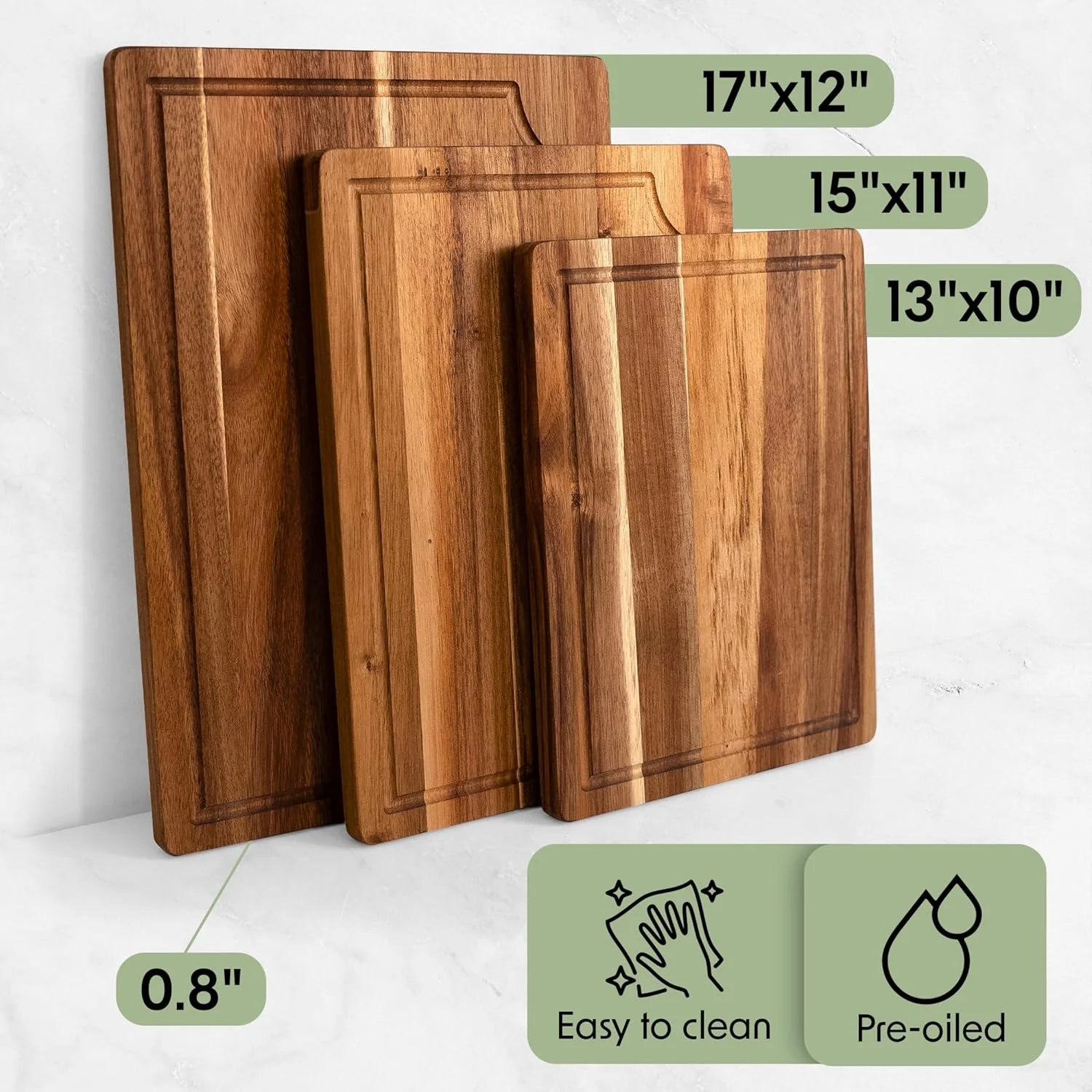 Elegant Acacia Wood Cutting Board Set of 3 - Non-Toxic, Non-Slip with Juice Grooves & Handles - Perfect for Meat, Veggies & Charcuterie - Ideal Kitchen Gift with Wooden Holder